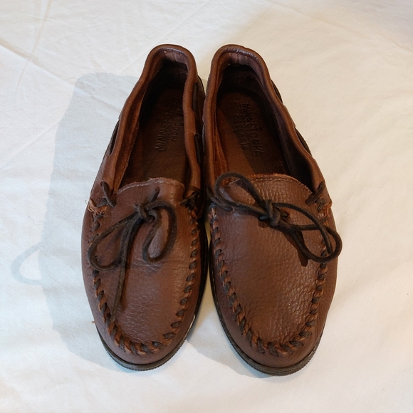 Minnetonka Moccasins Brown Leather Moosehide Driving Slippers Loafers 11 EUC - Picture 2 of 13